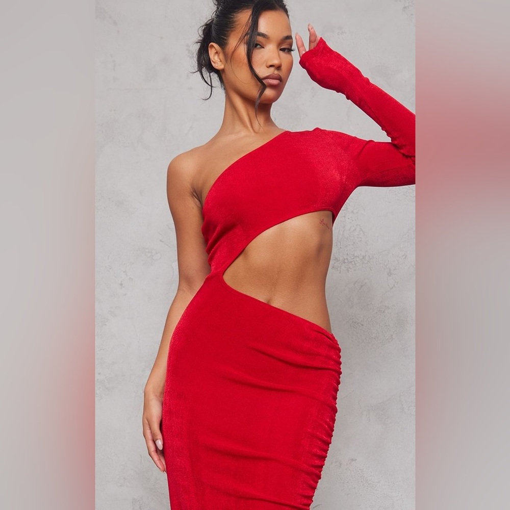 Red Acetate Slinky Cut Out One Shoulder Maxi
